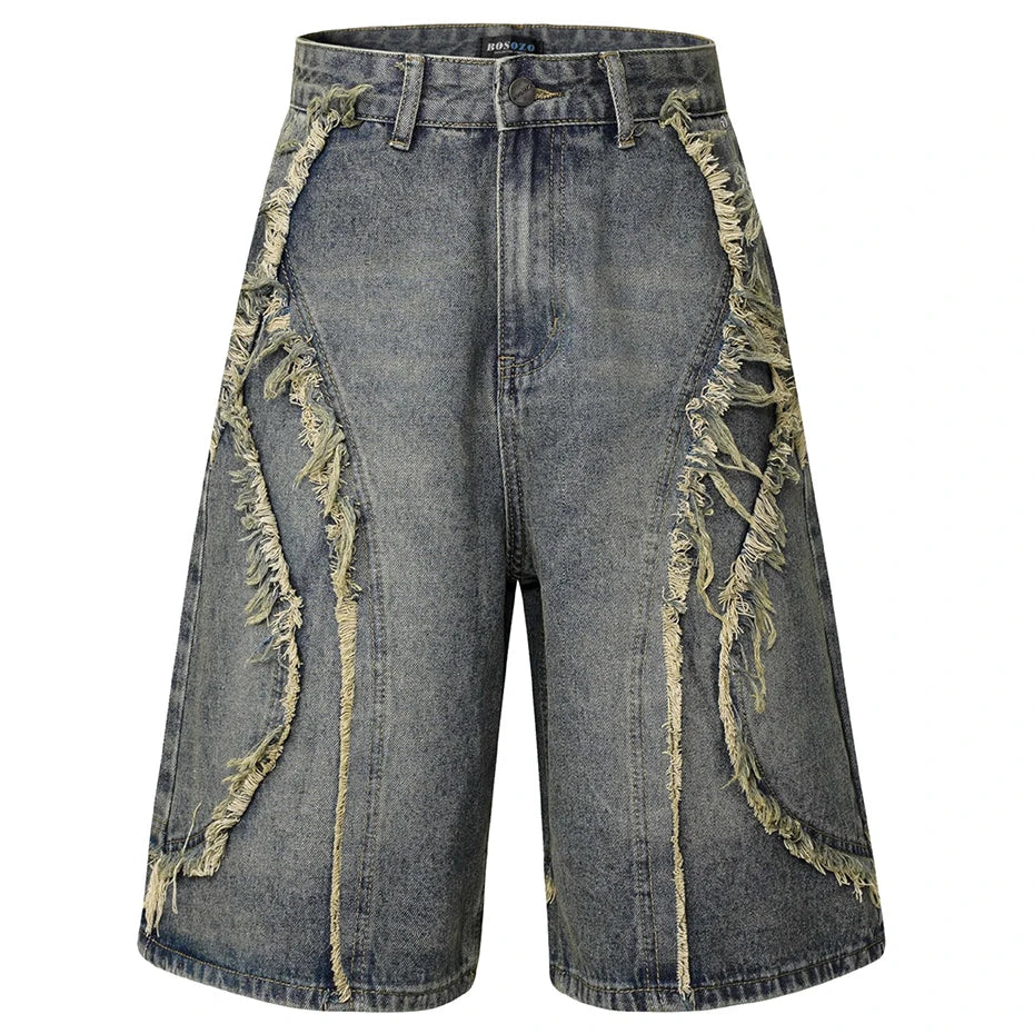 Vintage Patchwork Loose Denim Shorts — detail shot