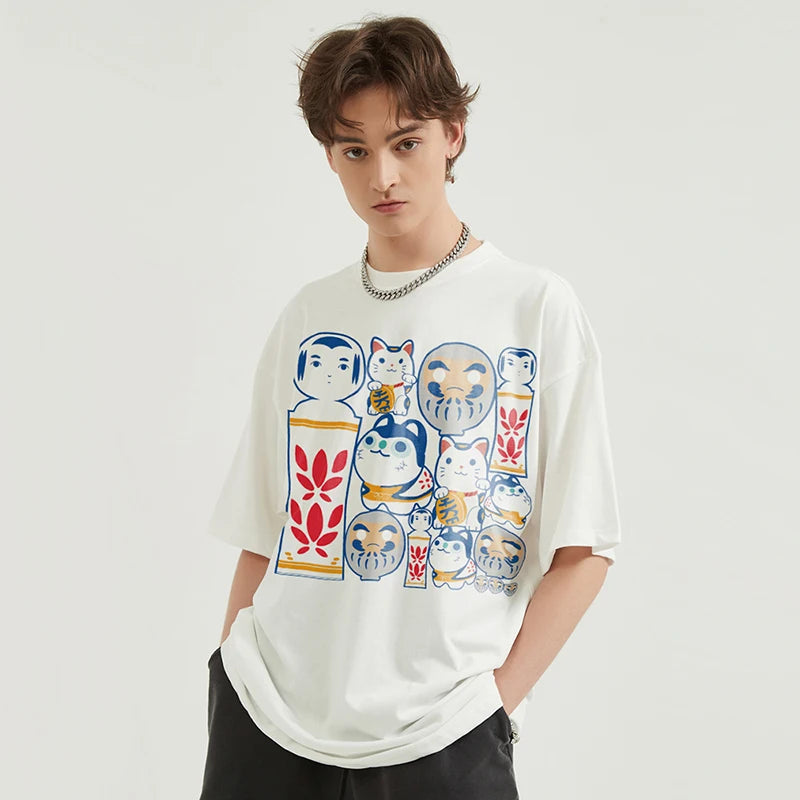 Beige Cat Graphic T-Shirt — fit shot