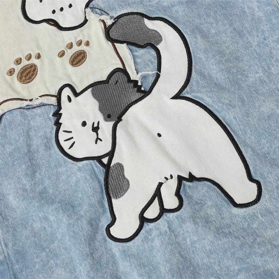 Vintage Cat Graphic Denim Loose Shirt — fabric close-up