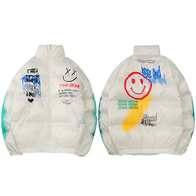 Graffiti Print Puffer Jacket — flat lay