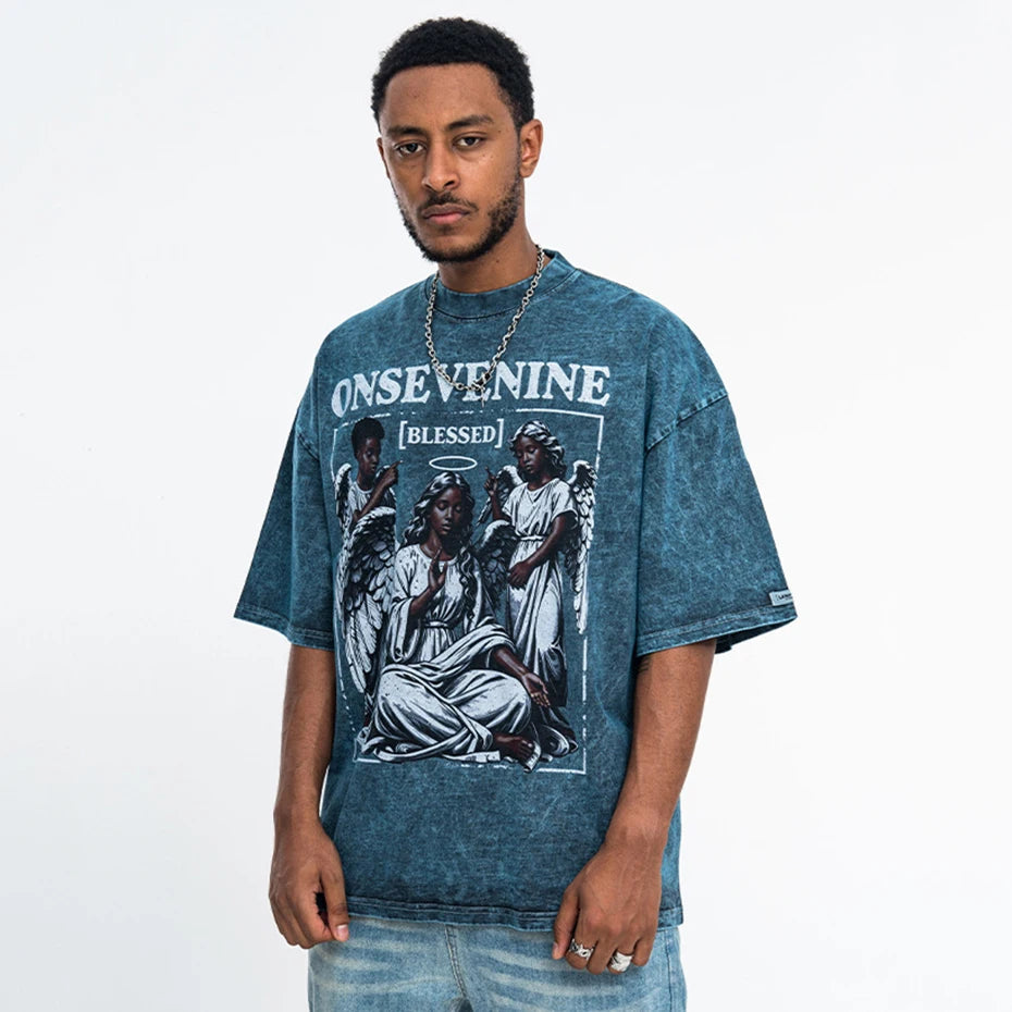 Blue Vintage Graphic Oversized T-Shirt — fabric close-up
