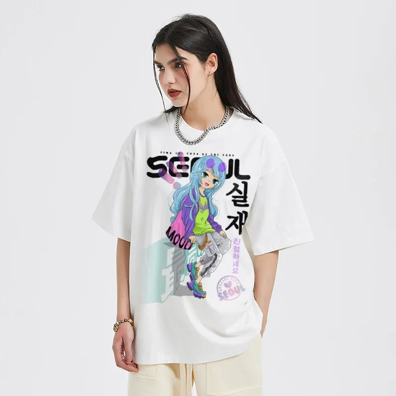 Y2K White Cartoon Girl Graphic T-Shirt — front view