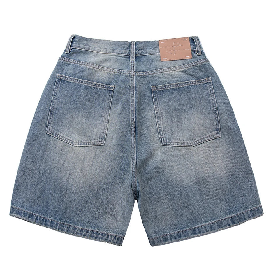 Vintage Blue Ripped Loose Denim Shorts — front view