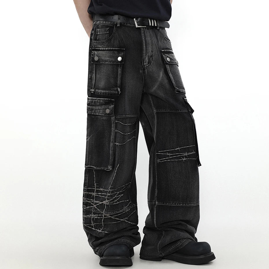 Black Car Embroidered Denim Loose Jeans — front view