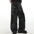 Black Car Embroidered Denim Loose Jeans — front view