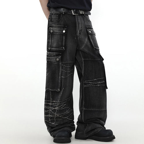 Black Car Embroidered Denim Loose Jeans — front view