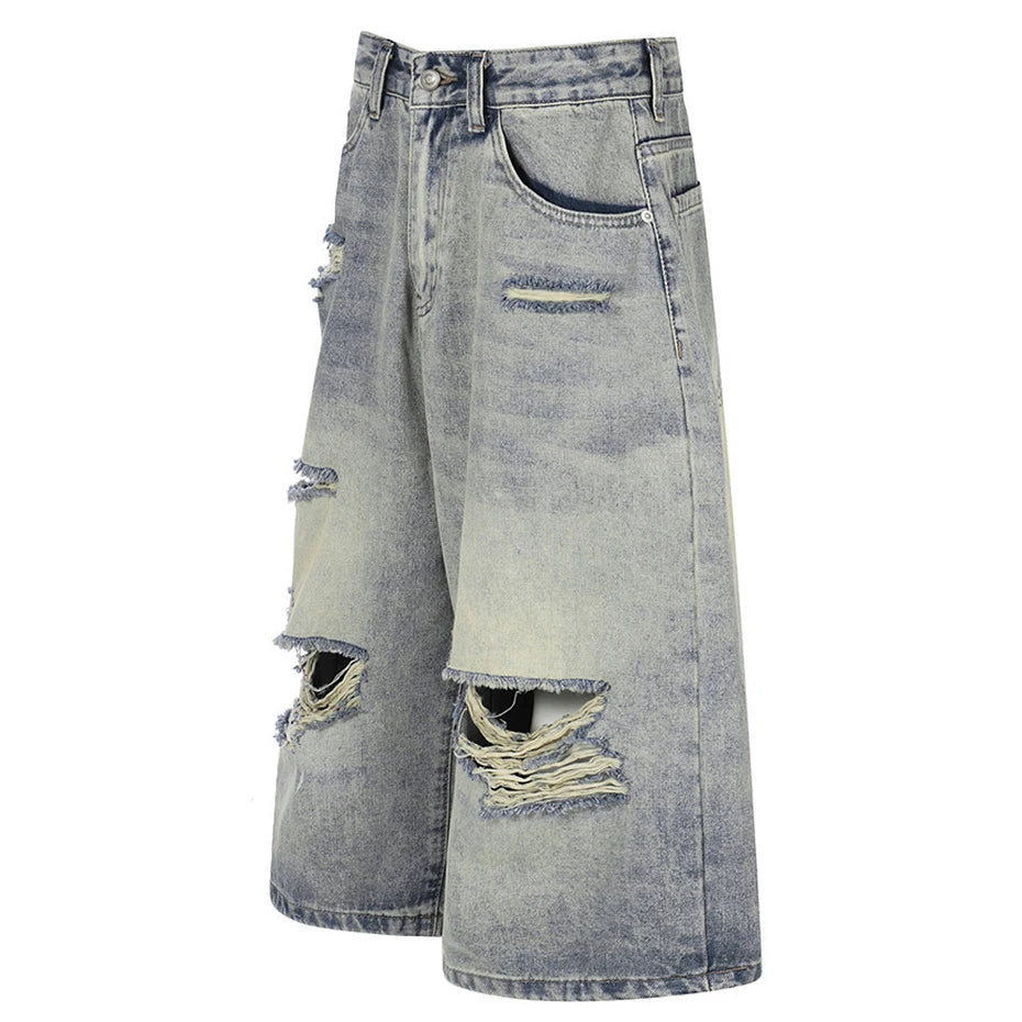 Vintage Blue Ripped Mid Rise Denim Shorts — front view