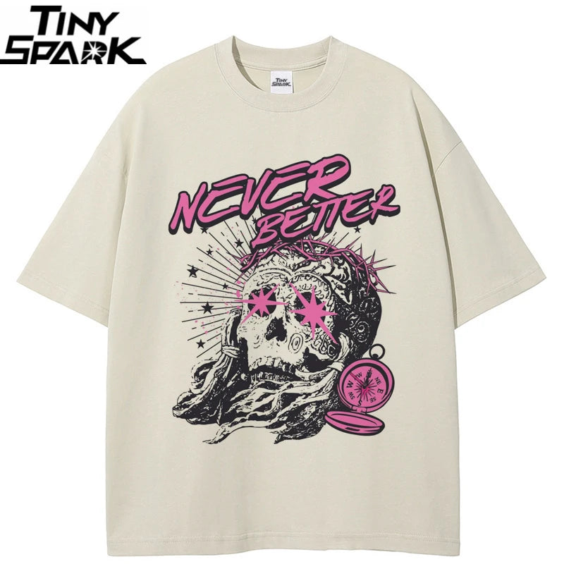 Y2K Beige Graffiti Skull Graphic T-Shirt — back view