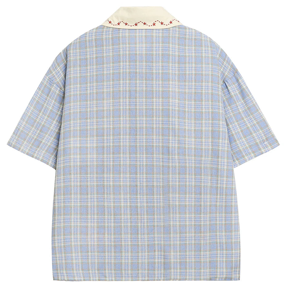 Vintage Cartoon Plaid Embroidered Loose Shirt — front view