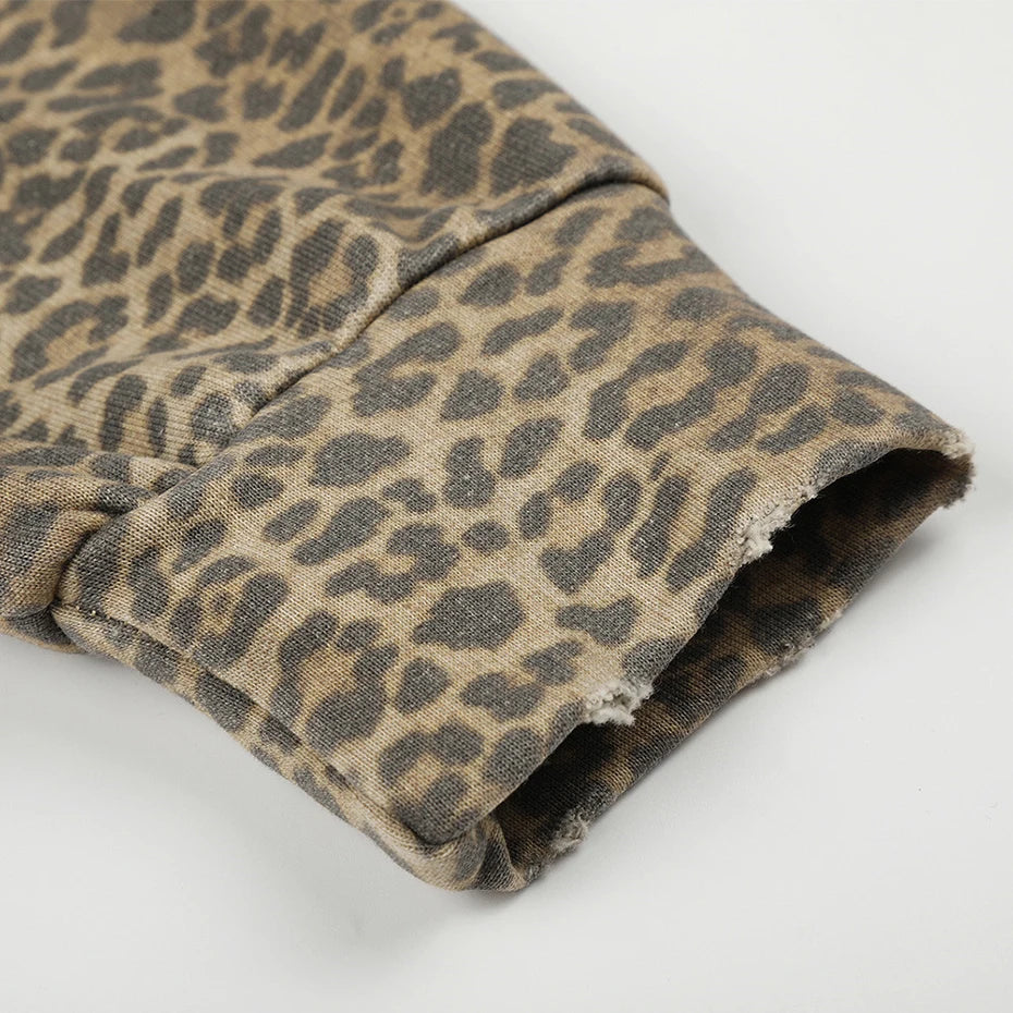 Vintage Leopard Hooded Oversized Jacket — fabric close-up