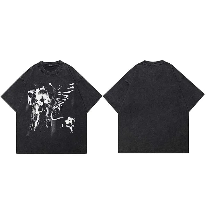 Y2K Black Anime Cartoon Washed T-Shirt — fabric close-up