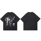 Y2K Black Anime Cartoon Washed T-Shirt — fabric close-up