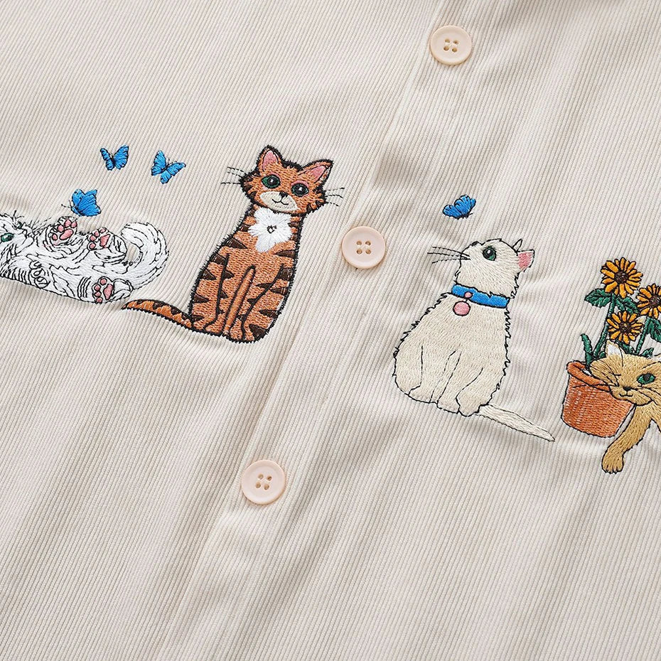 Vintage Cat Embroidered Corduroy Loose Shirt — fit shot