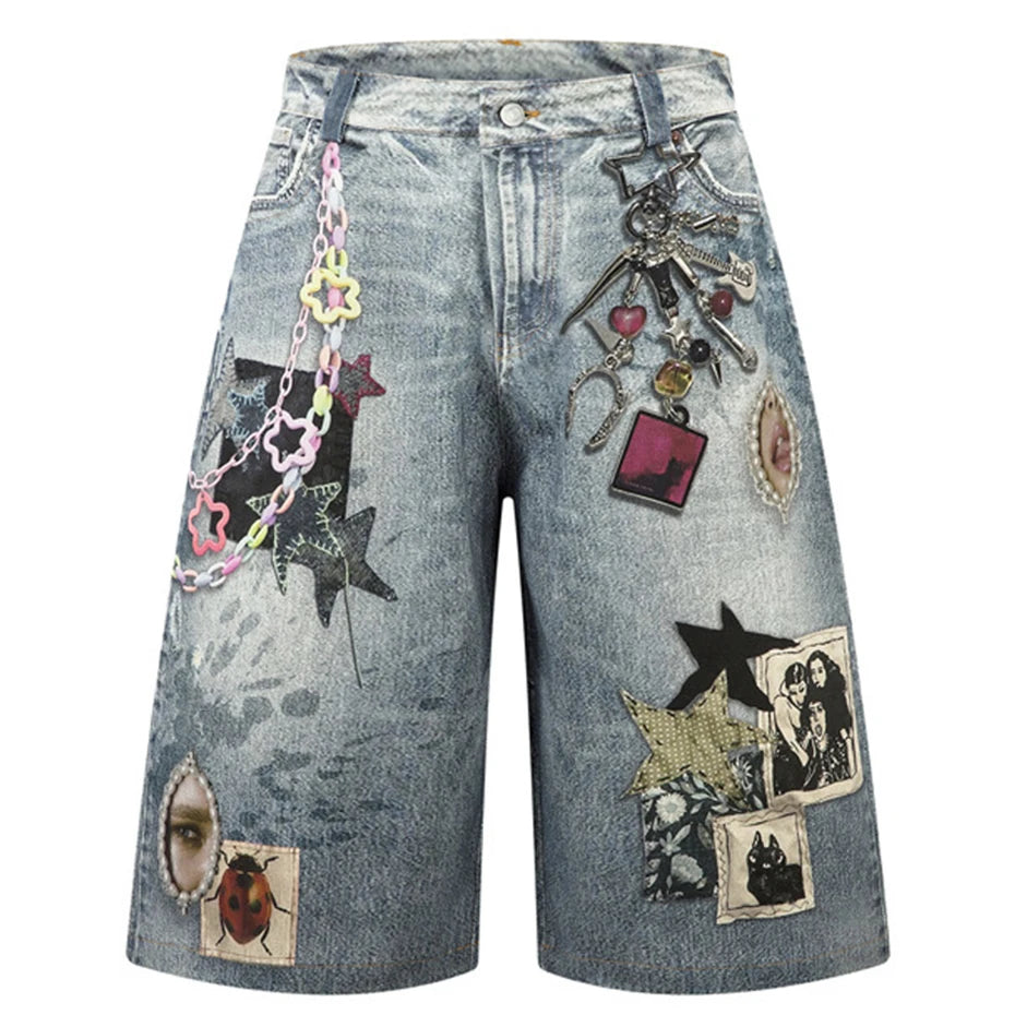 Vintage Blue Star Patchwork Loose Denim Shorts — styling shot