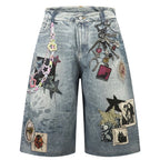 Vintage Blue Star Patchwork Loose Denim Shorts — styling shot