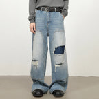 Patchwork Vintage Blue Ripped Denim Baggy Jeans — back view