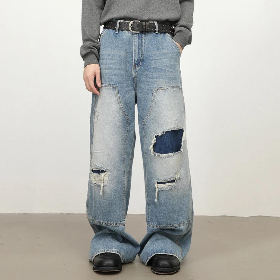 Patchwork Vintage Blue Ripped Denim Baggy Jeans — back view