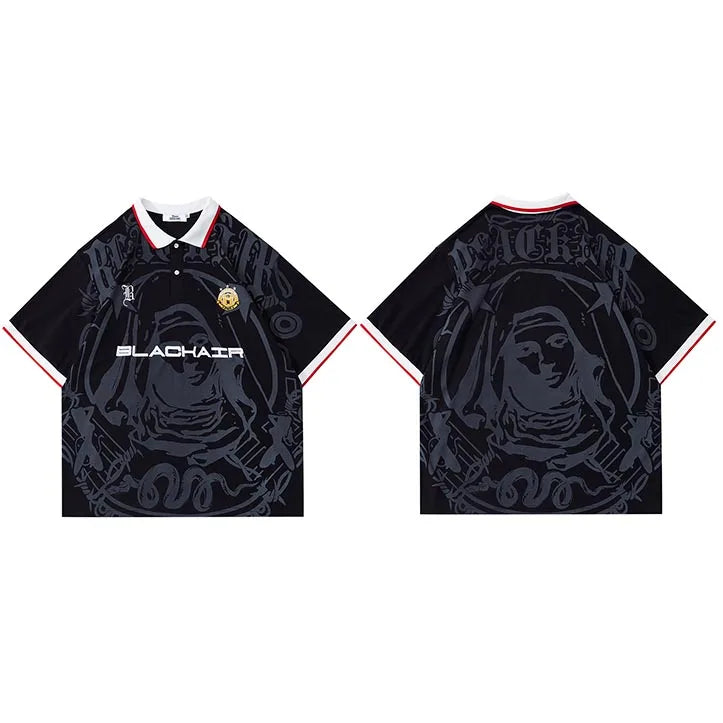 Retro Graphic Oversized Polo Shirt — detail shot