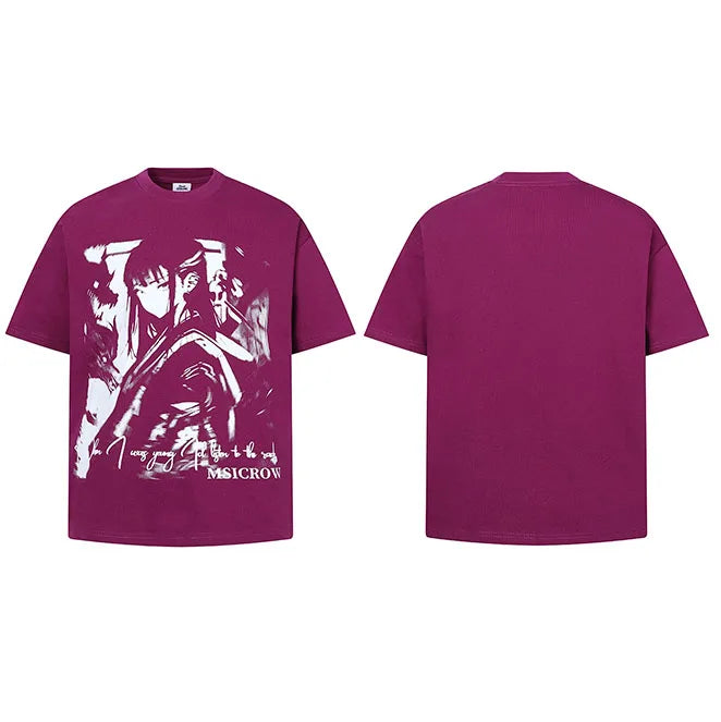 Print Anime Cartoon Graphic T-Shirt — fabric close-up