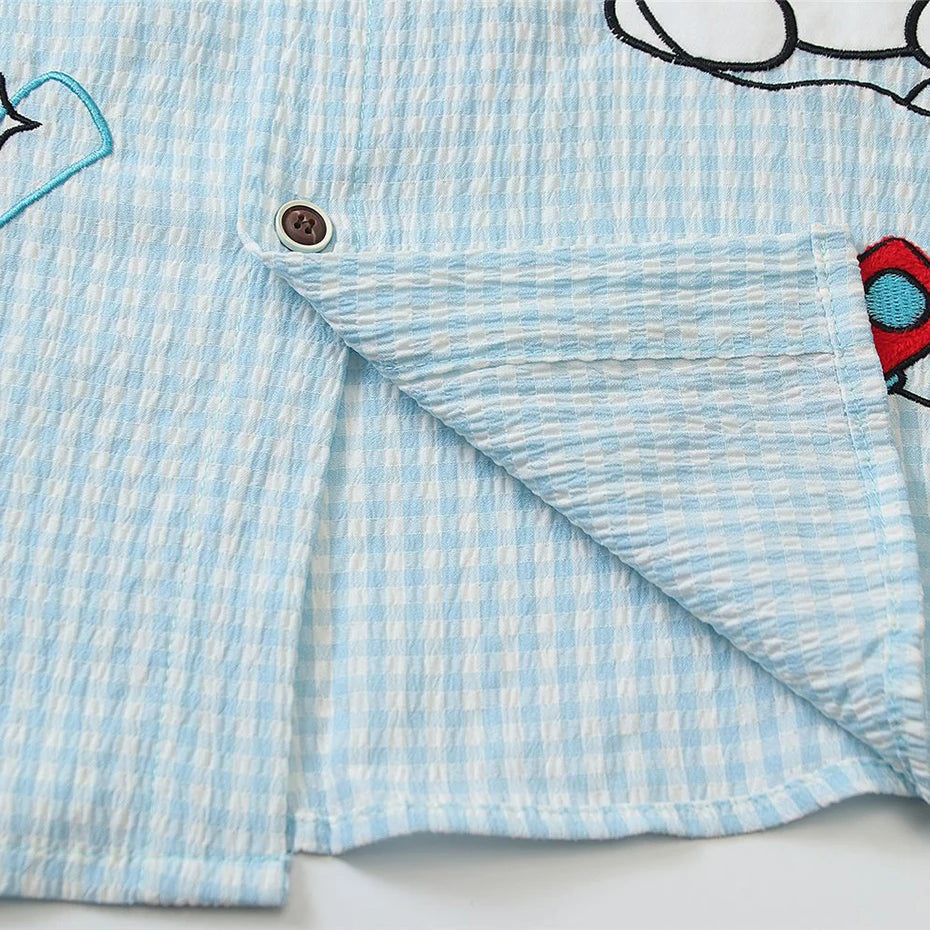 Embroidered Cat Graphic Loose Shirt — fabric close-up