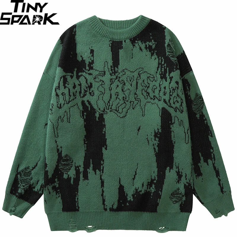 Vintage Letter Ripped Knit Sweater — front view
