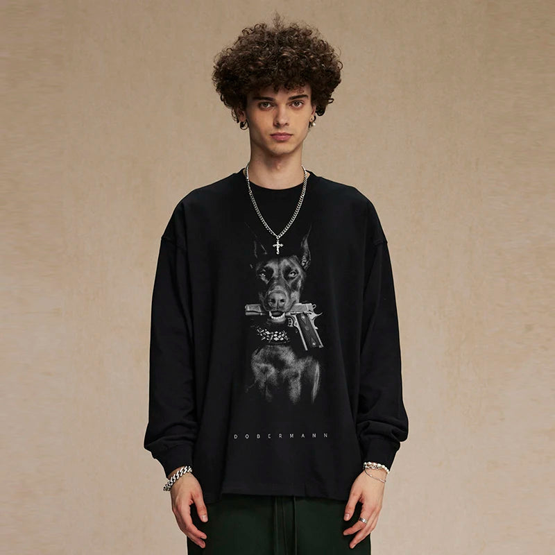 Gun Black Doberman Dog Graphic Long Sleeve Tee — front view