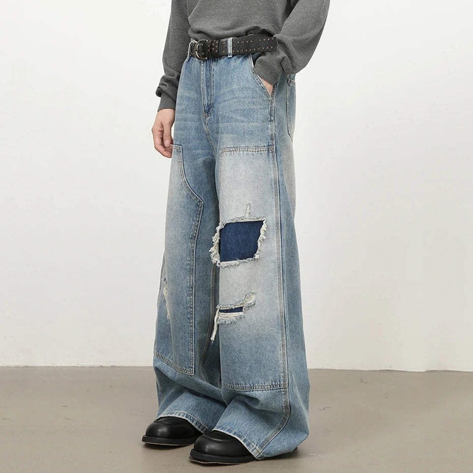 Patchwork Vintage Blue Ripped Denim Baggy Jeans — front view
