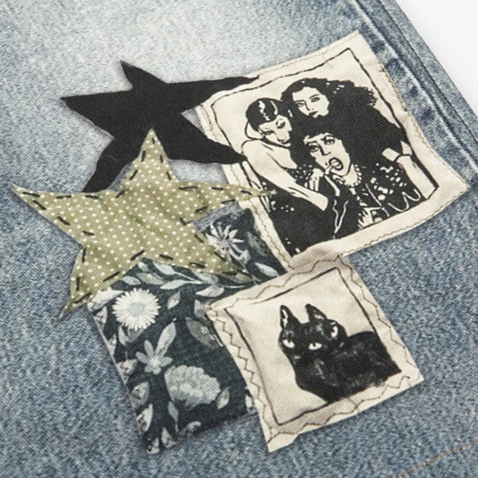 Vintage Blue Star Patchwork Loose Denim Shorts — fit shot