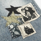 Vintage Blue Star Patchwork Loose Denim Shorts — fit shot