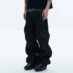 Black Pleated Denim Loose Jeans — back view
