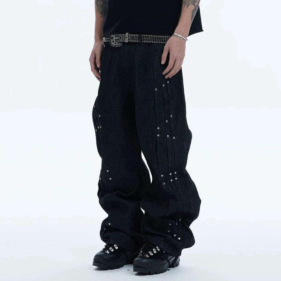 Black Pleated Denim Loose Jeans — back view