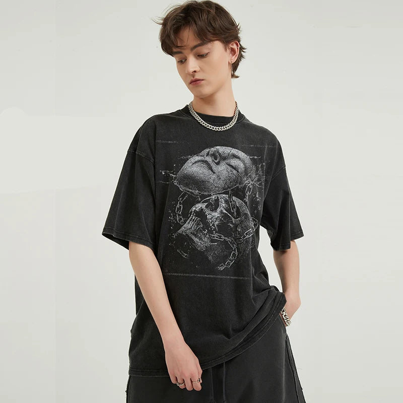 Retro Black Face Skull Washed T-Shirt — front view
