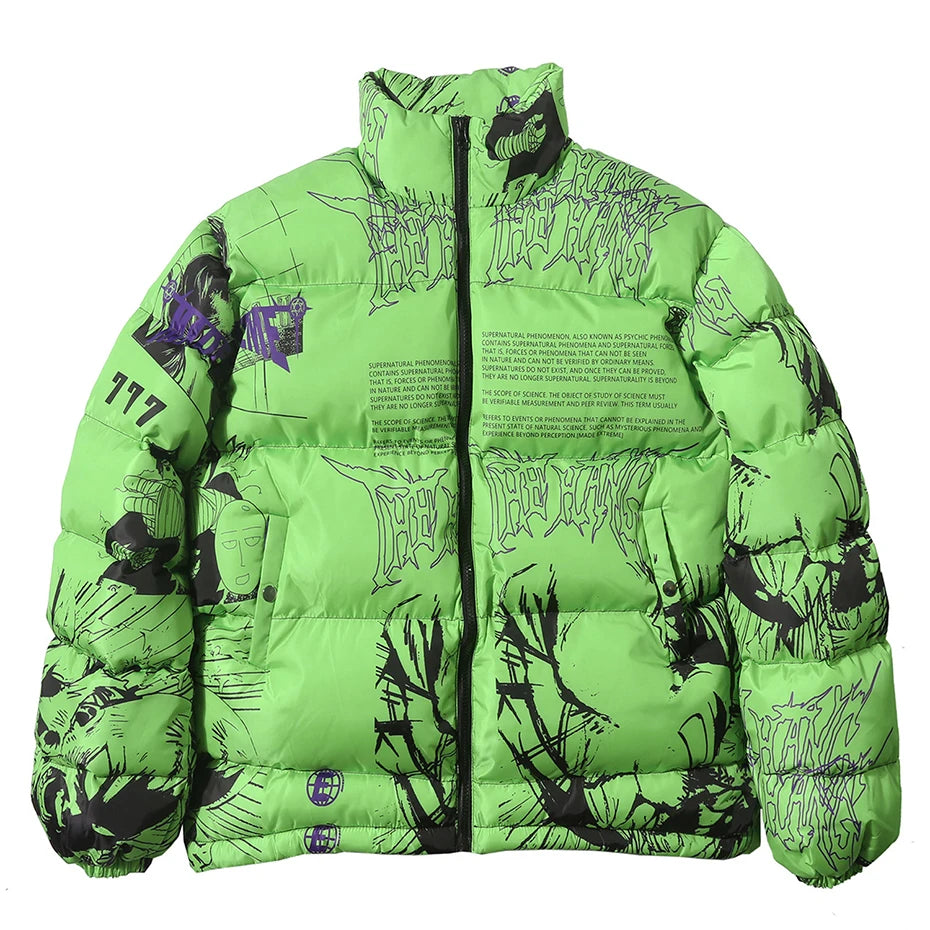 Y2K Black Anime Print Loose Puffer Jacket — detail shot
