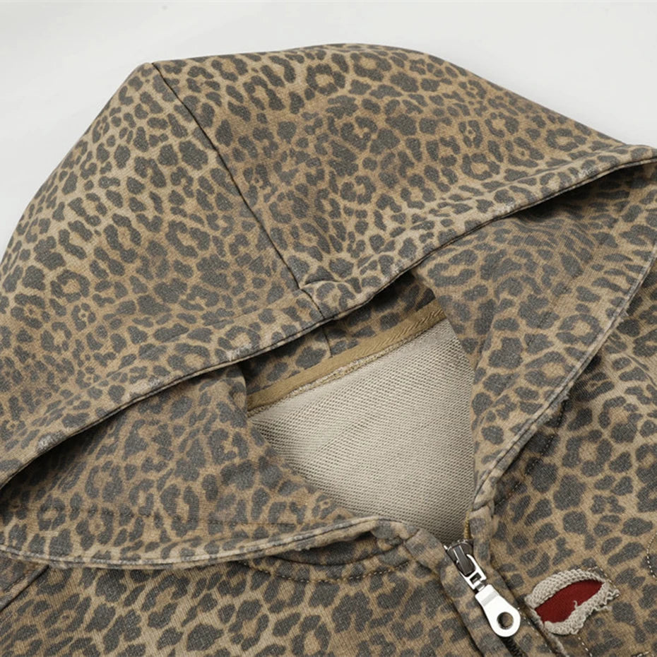 Vintage Leopard Hooded Oversized Jacket — back view