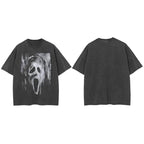 Vintage Black Scary Skull Ghost Washed T-Shirt — fabric close-up