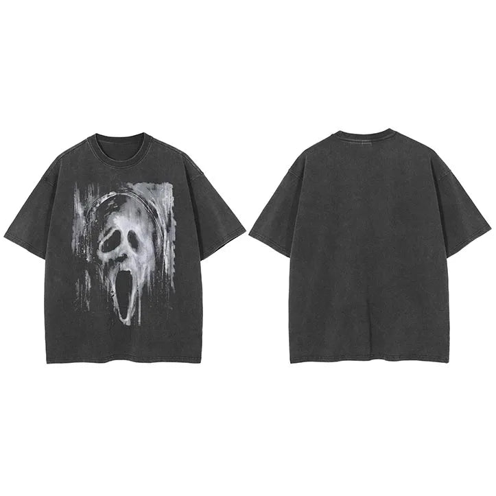 Vintage Black Scary Skull Ghost Washed T-Shirt — fabric close-up