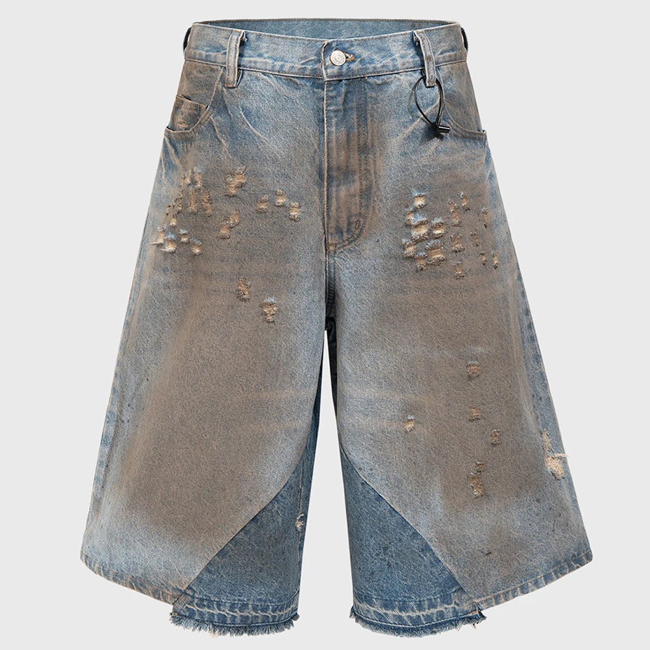 Fake Vintage Blue Ripped Wide Leg Denim Shorts — back view