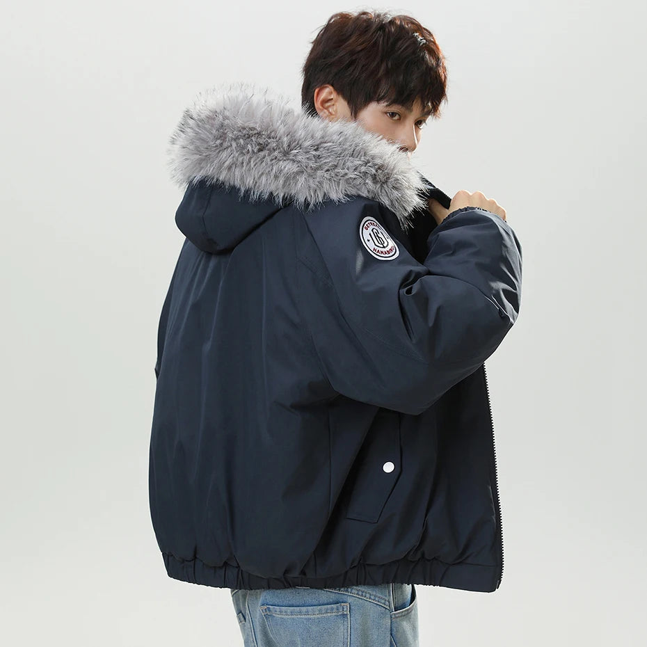 Hooded Fur Loose Puffer Jacket — fabric close-up