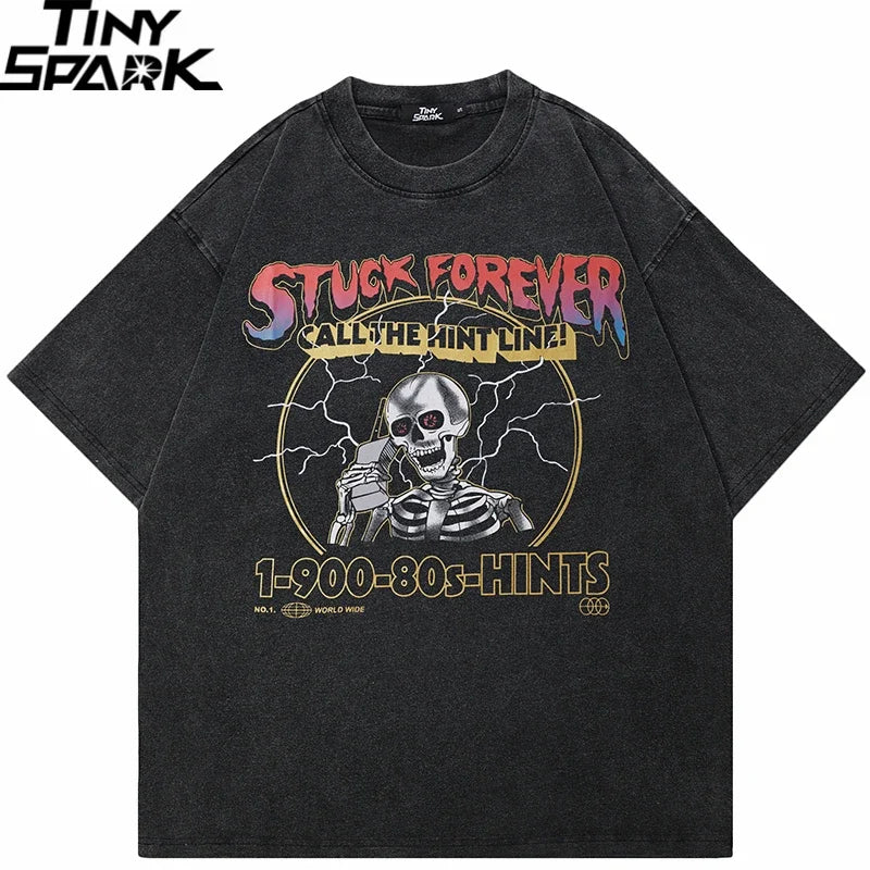 Washed Vintage Black Skull Graphic Oversized T-Shirt — front view