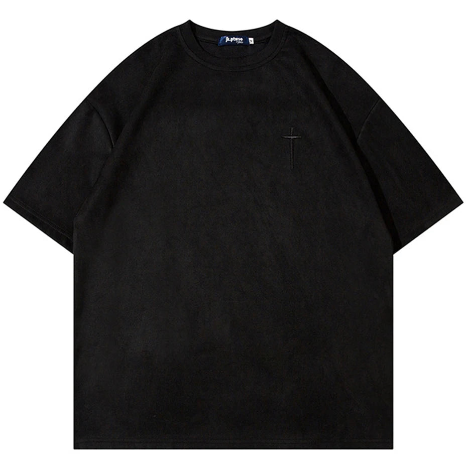 Letter Embroidered Suede Oversized T-Shirt — back view