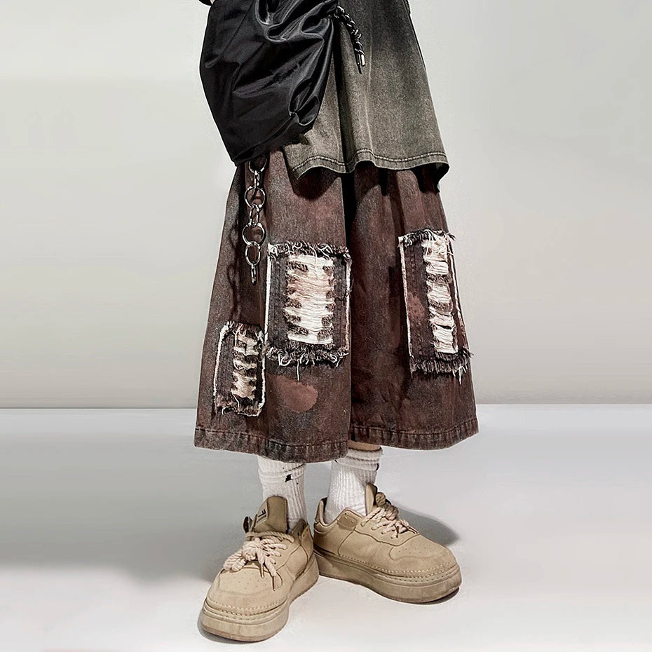 Vintage Patchwork Baggy Denim Shorts — fit shot