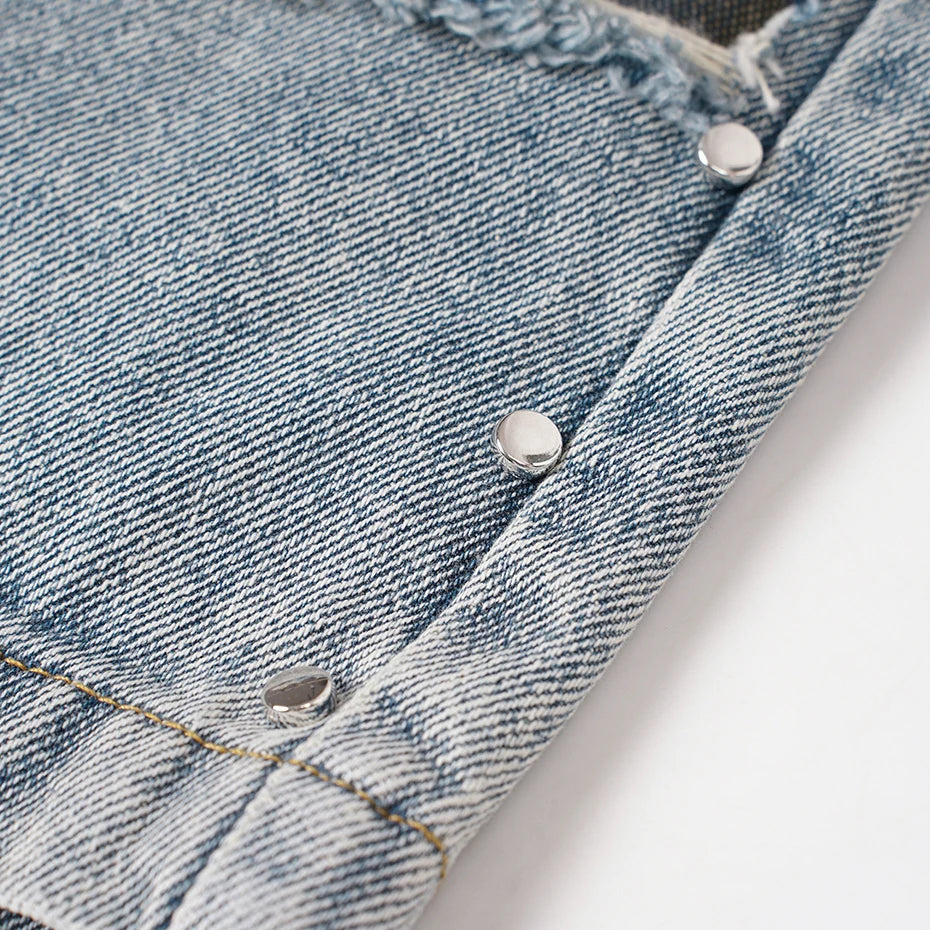 Vintage Blue Plaid Ripped Denim Shorts — fabric close-up
