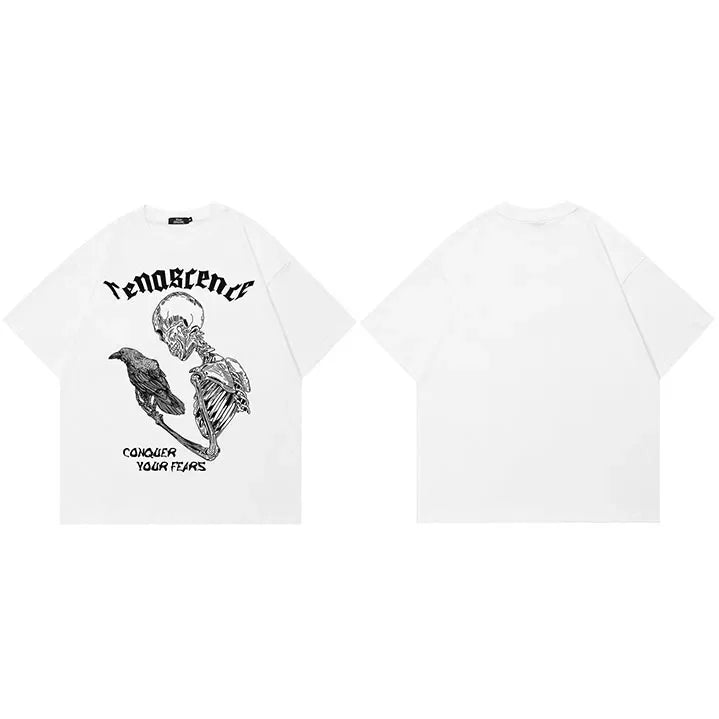Y2K White Skull Graphic T-Shirt — fabric close-up