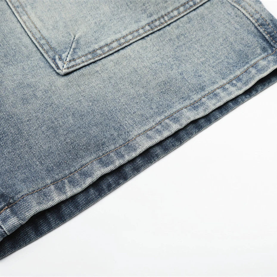 Vintage Blue Patchwork Loose Denim Shorts — fabric close-up