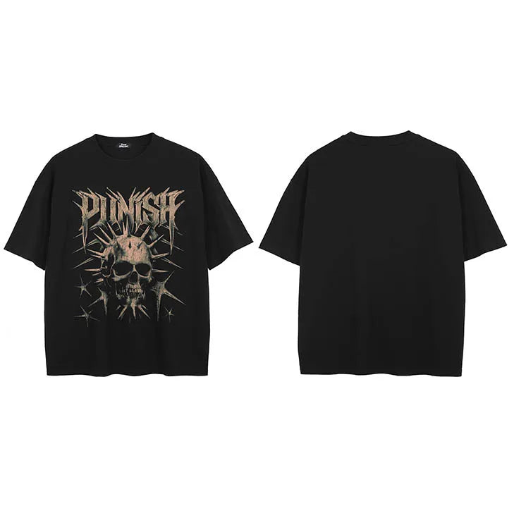 Punk Black Thorny Skull Faded T-Shirt — side view