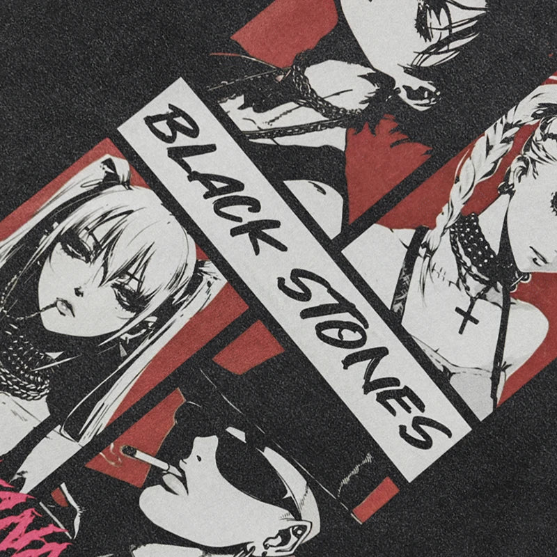 Black Anime Cartoon Graphic Oversized T-Shirt — front view