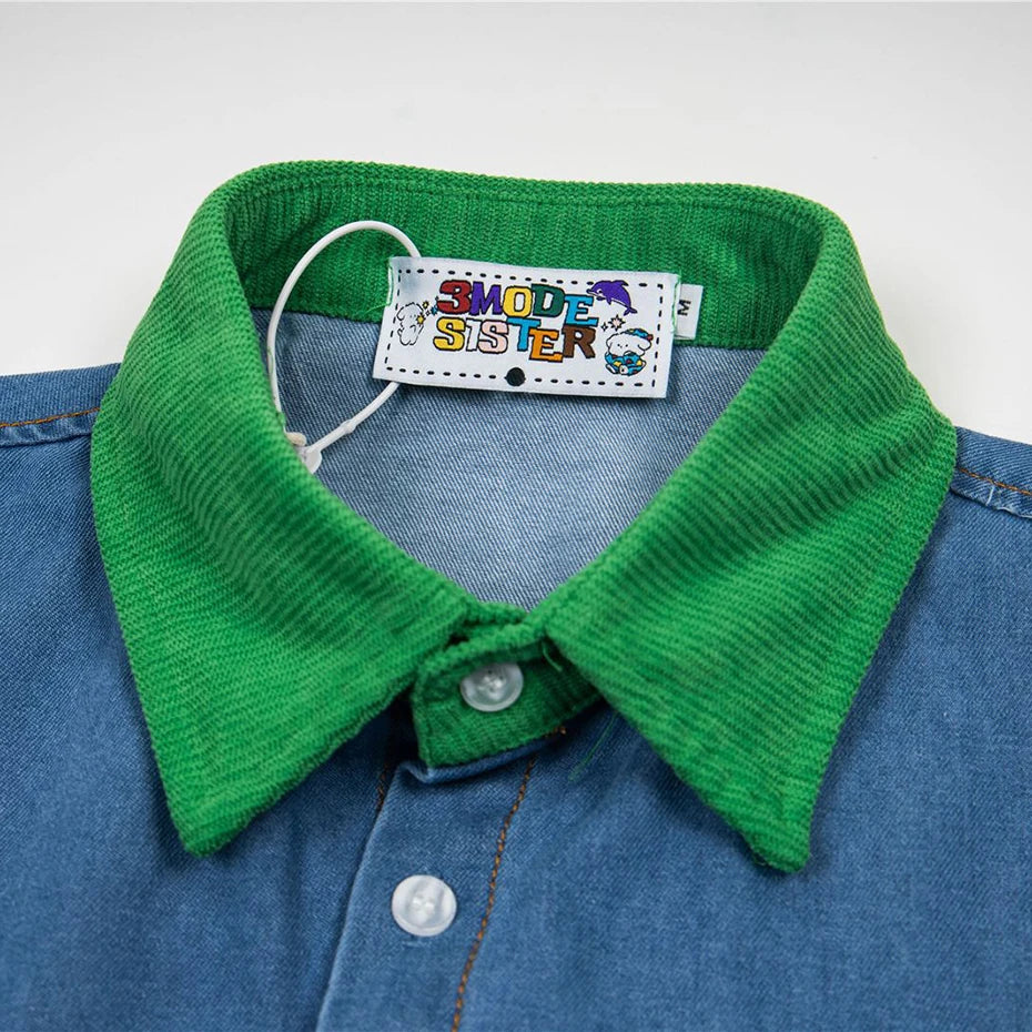 Vintage Cartoon Cat Graphic Denim Loose Shirt — back view