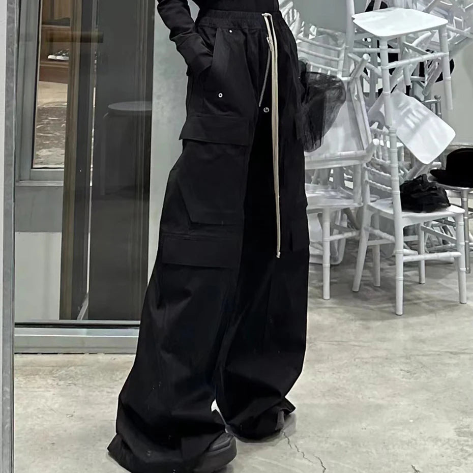 Black Drawstring Wide Leg Cargo Pants — detail shot
