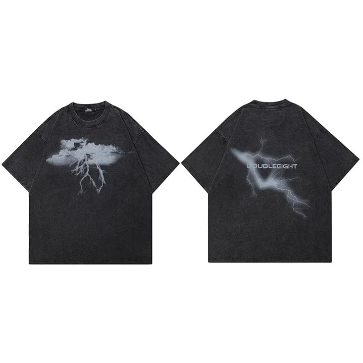Washed Retro Black Lightning Graphic Oversized T-Shirt — fabric close-up