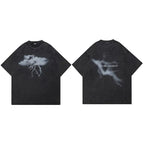 Washed Retro Black Lightning Graphic Oversized T-Shirt — fabric close-up